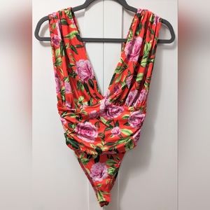 ZARA, Draped floral Bodysuit, Deep V-Neck,  Size Small.